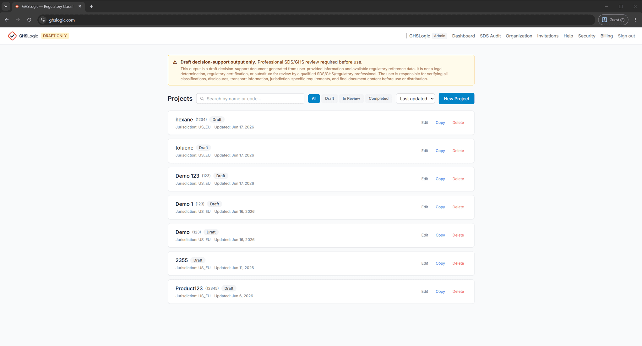 GHSLogic project dashboard listing chemical mixture projects
