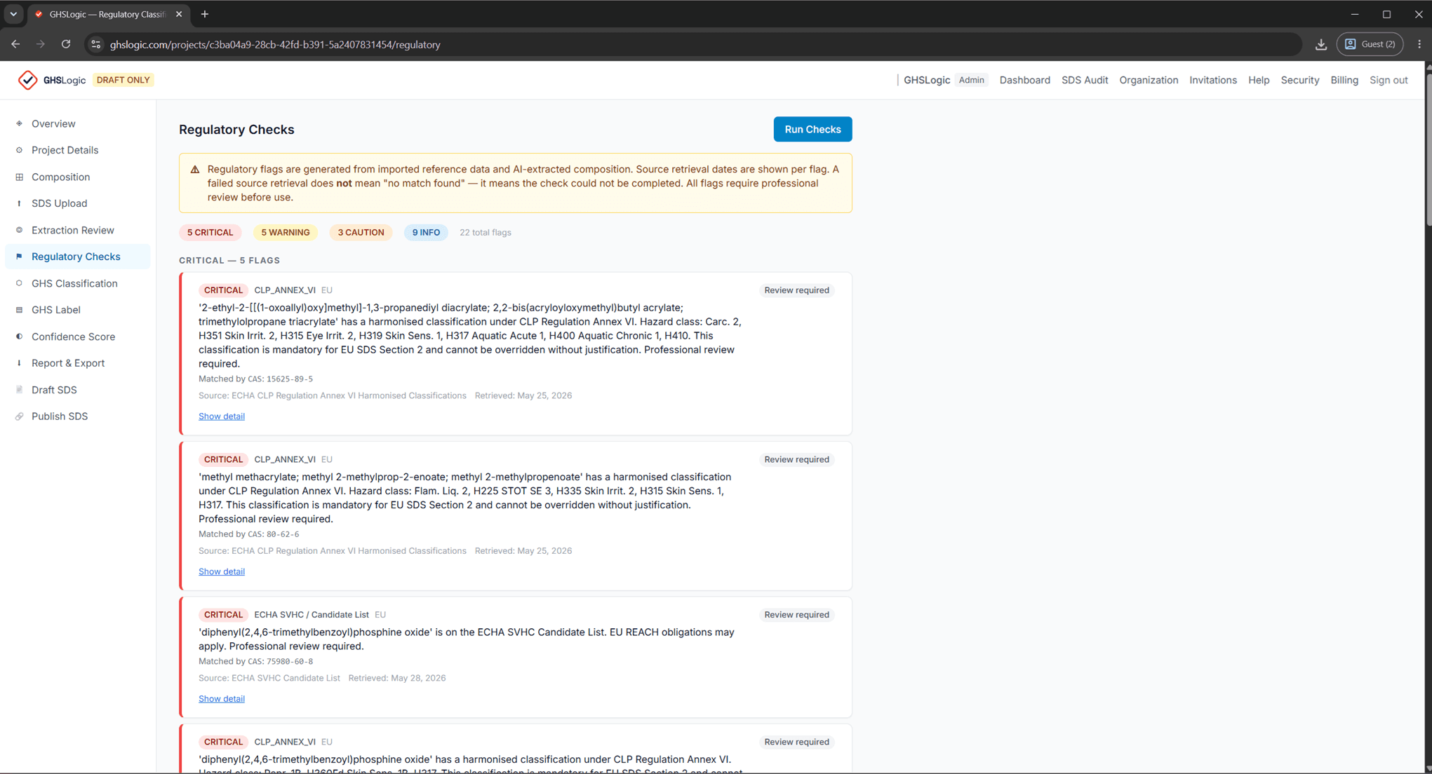 GHSLogic regulatory checks screen listing flags by severity across regulatory lists
